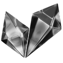 Two angular, reflective, geometric shapes resembling faceted crystals or shards positioned side by side on a plain background.