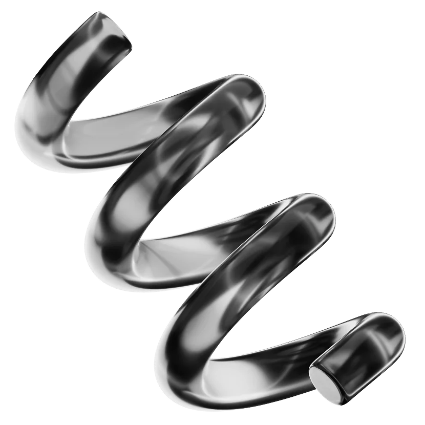 Close-up image of a shiny, metallic coil spring isolated on a white background, positioned diagonally with visible reflections on its surface.