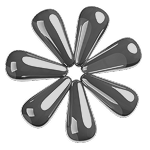Seven black teardrop-shaped objects arranged in a circular pattern on a light background, resembling a flower.
