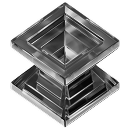 A geometric glass sculpture featuring two square pyramids joined at their bases, creating a symmetrical, reflective shape.