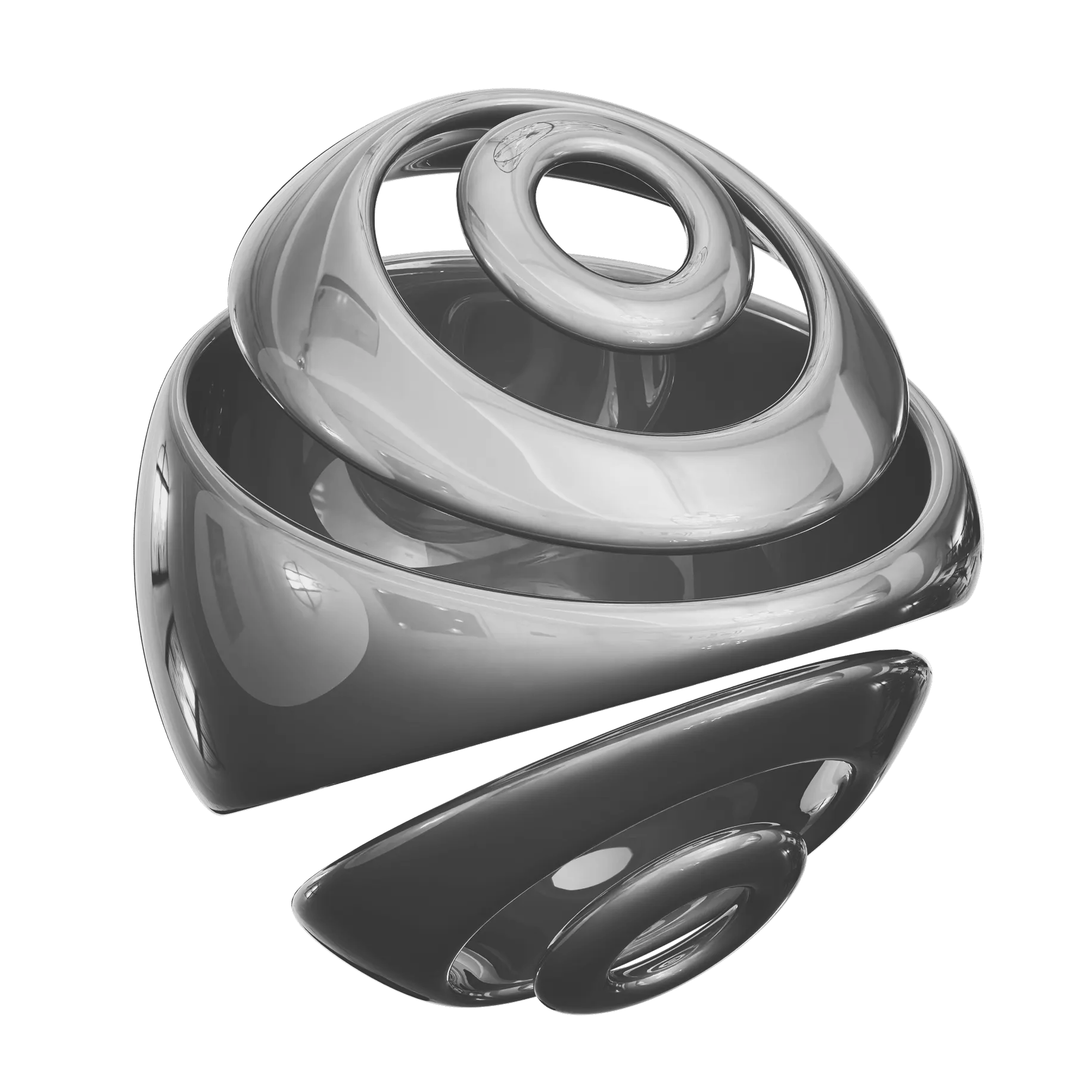 Glossy, abstract 3D shape with layered, open, curved forms in grayscale, resembling interlocking rings or shells, set against a white background.