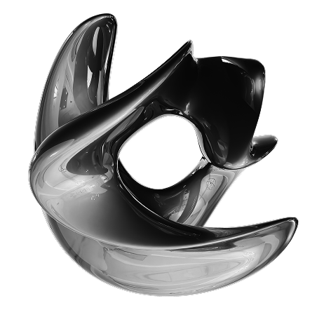 Abstract black and silver sculpture with smooth, curved surfaces and reflective finish set against a plain white background.