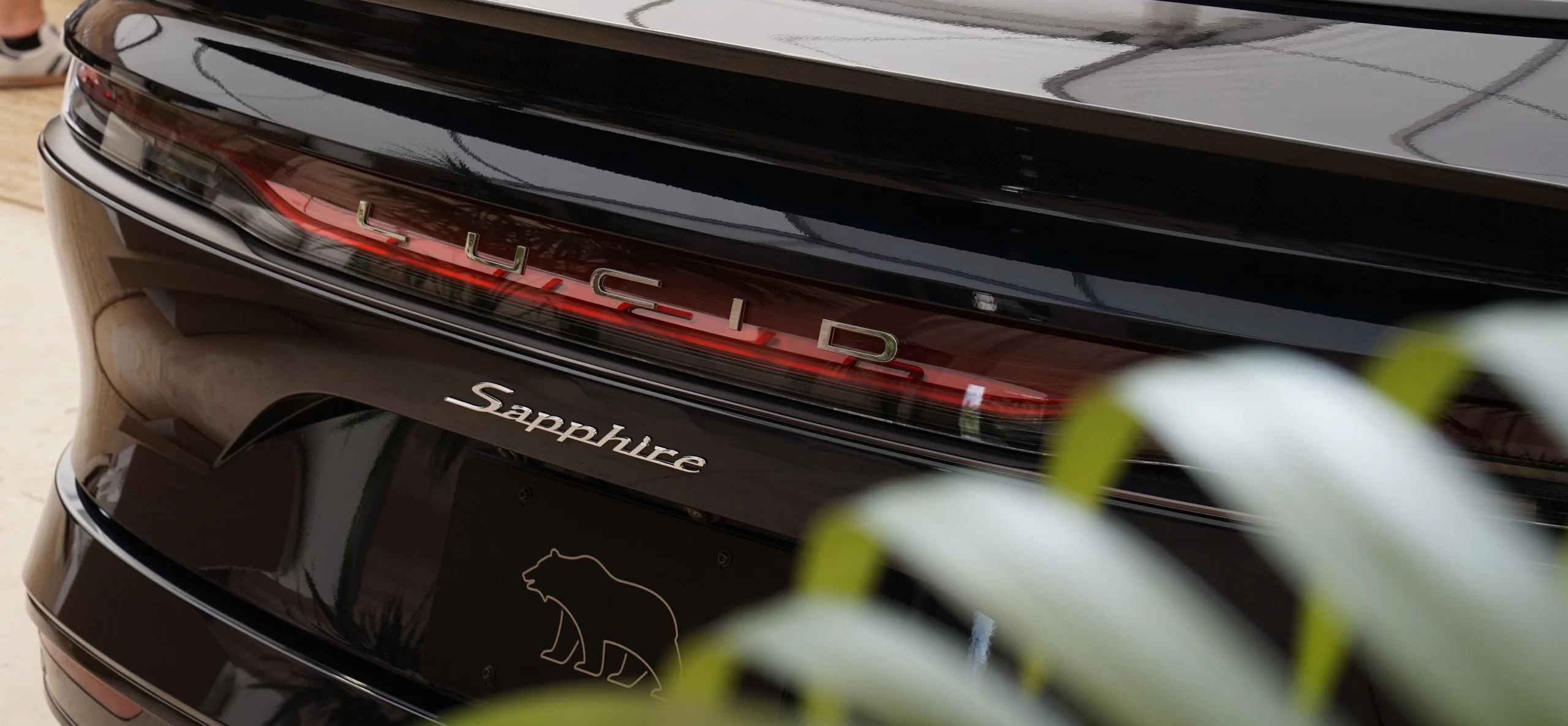 Close-up of the rear of a black Lucid Sapphire car, showing the Lucid logo, model name, and a bear emblem, with a plant in the foreground.