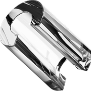A shiny, metallic, cylindrical object with two open sides and a reflective surface on a plain background.