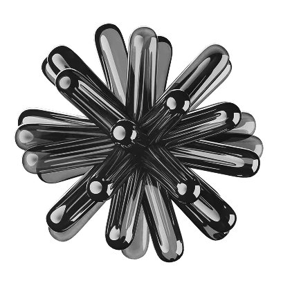 Black and white abstract geometric sculpture resembling inflated tubes arranged in a radial pattern on a plain background.