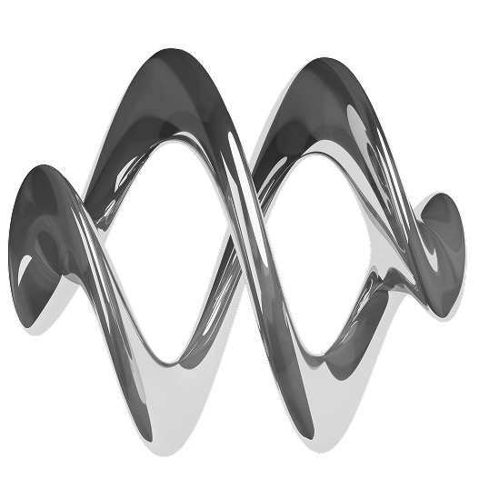 A metallic, reflective, double helix wave structure set against a plain white background.