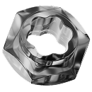 A close-up image of a metallic hexagonal nut with a smooth, reflective surface and a uniquely shaped central hole.