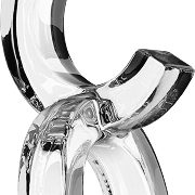 Close-up of an abstract, intertwined clear glass sculpture against a plain white background.