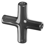 Shiny metallic four-way pipe connector with cylindrical openings at each end, displayed against a plain light background.