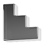 A shiny, metallic 3D object shaped like a right-angled stair step with three levels, set against a plain light background.