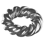 A shiny, metallic scrunchie is coiled in a circle on a plain white background.