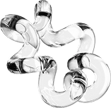 Abstract clear glass sculpture composed of twisted, ribbon-like loops, set against a plain white background.