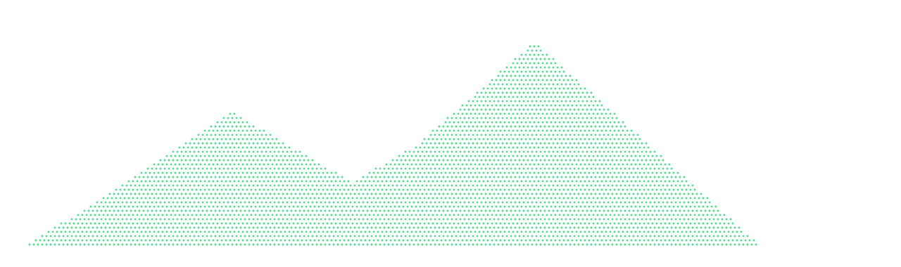 ASCII art of two mountain peaks formed by small green dots on a white background. The right peak is taller and steeper than the left.